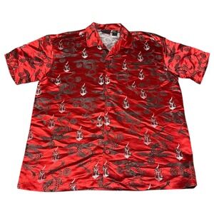 In Pain Red Dragon Button Up Shirt Asian Style‎ Graphic Print Men's Size L